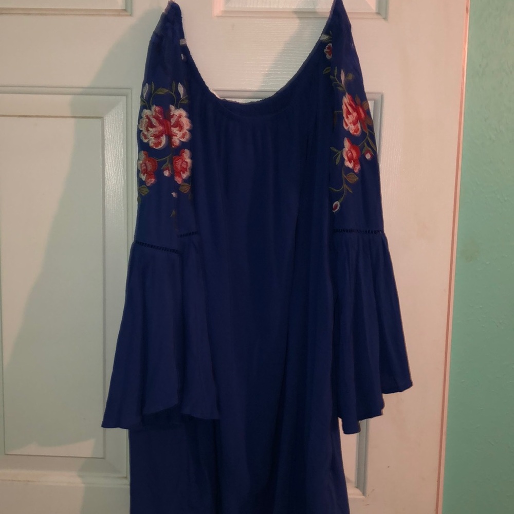 blue off the shoulder dress